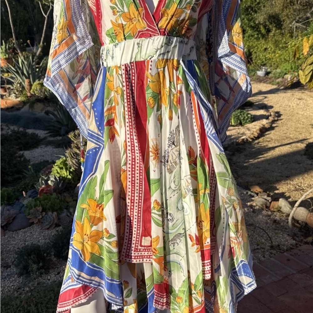 FARM Rio Multicolor Floral Asymmetrical Dress - White, Yellow, Red, Blue, Green